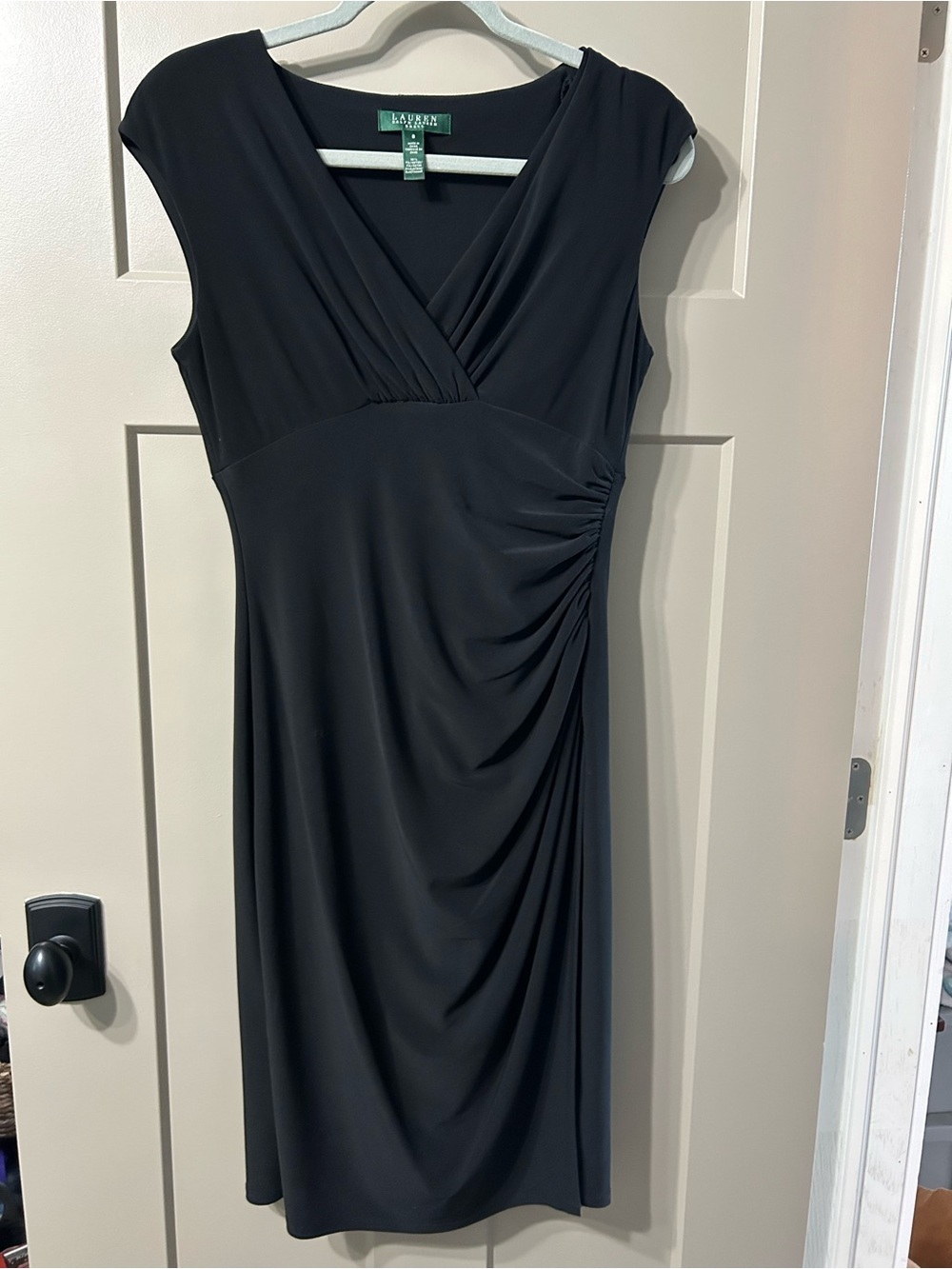 Ralph Lauren Black Faux-Wrap Cap Sleeve Midi Dress